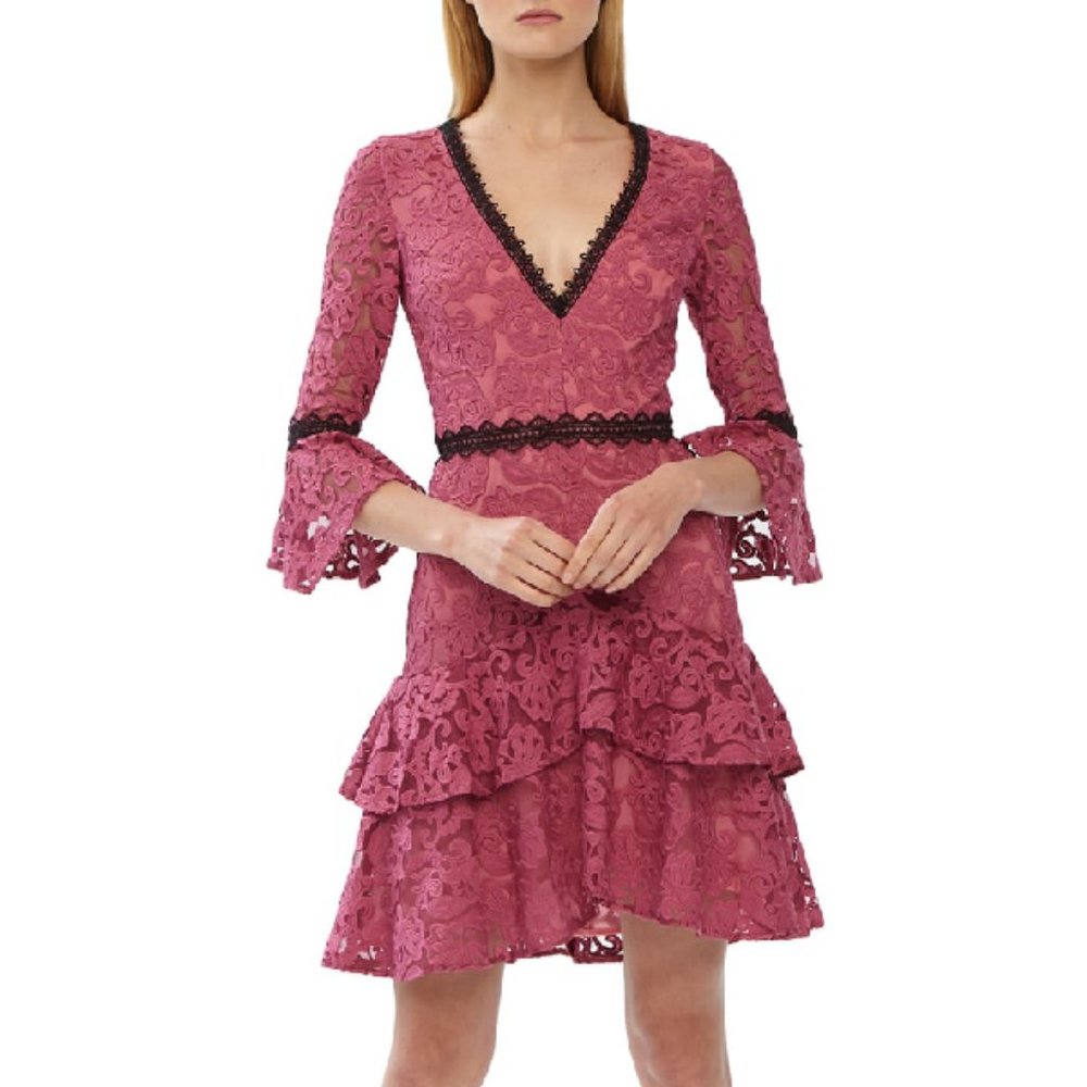 Monique Lhuillier Lace Trim Ruffle Dress I…